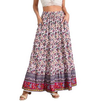 Women's Boho Skirt Casual Floral Printed Elastic Waist Maxi Skirts