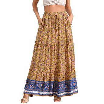 Women's Boho Skirt Casual Floral Printed Elastic Waist Maxi Skirts