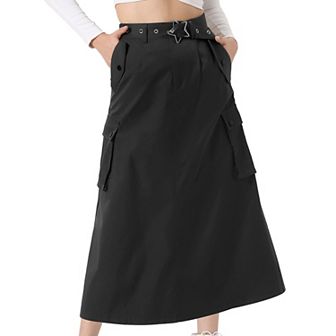 Midi Cargo Skirt Woman's Trendy Y2K Skirts Zip High Waisted Straight Long Skirt with Pockets