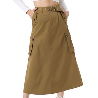 Midi Cargo Skirt Woman's Trendy Y2K Skirts Zip High Waisted Straight Long Skirt with Pockets