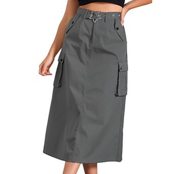 Midi Cargo Skirt Woman's Trendy Y2K Skirts Zip High Waisted Straight Long Skirt with Pockets