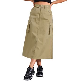 Midi Cargo Skirt Woman's Trendy Y2K Skirts Zip High Waisted Straight Long Skirt with Pockets