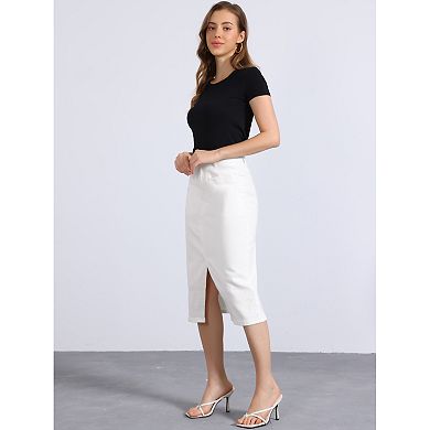 Midi Denim Skirt for Women's High Waist Slit Front with Pockets Jean Skirts
