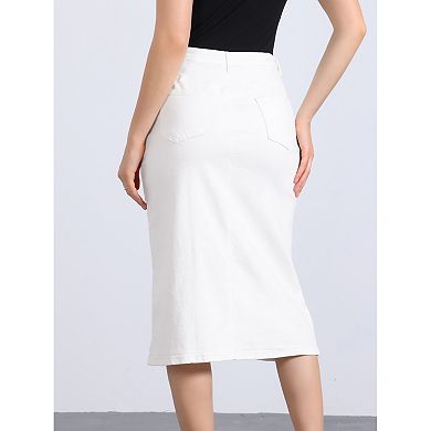 Midi Denim Skirt for Women's High Waist Slit Front with Pockets Jean Skirts