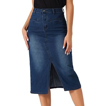 Midi Denim Skirt for Women's High Waist Slit Front with Pockets Jean Skirts