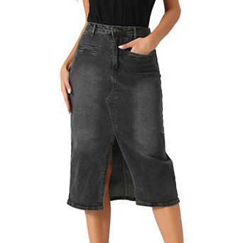 Midi Denim Skirt for Women's High Waist Slit Front with Pockets Jean Skirts
