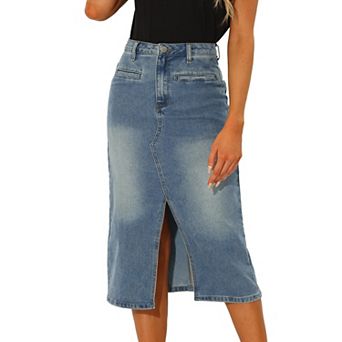Midi Denim Skirt for Women's High Waist Slit Front with Pockets Jean Skirts