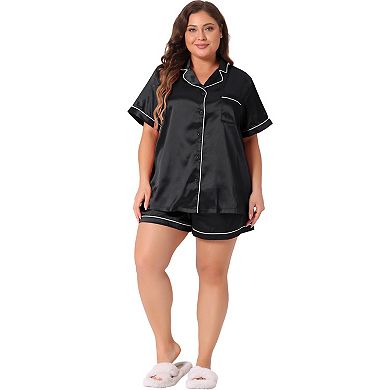 Women's Plus Size Pajamas Sets Short Sleeve Sleepwear Soft Satin Button Down Loungewear Shorts Set