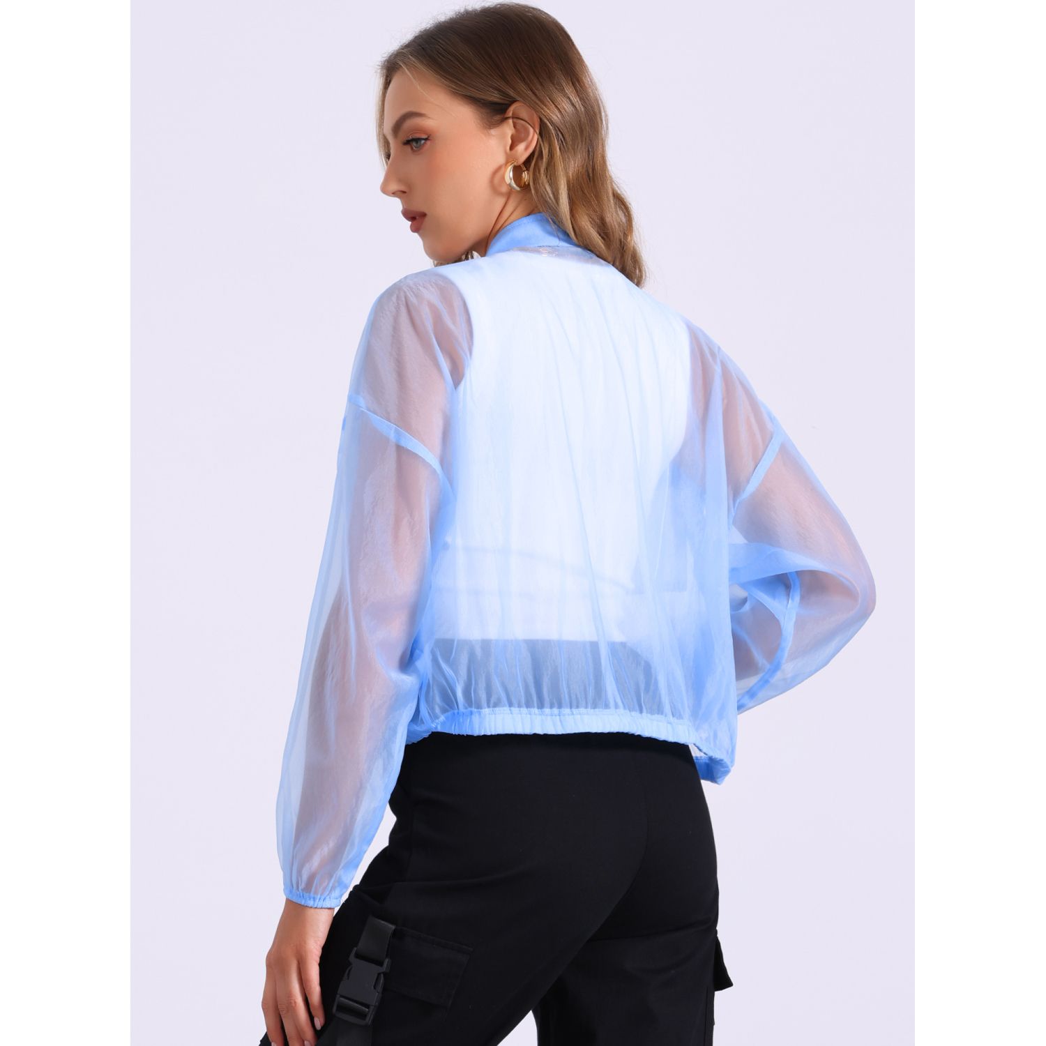 Sheer Bomber Jacket for Women's Zip Up Long Sleeve See Through Jackets