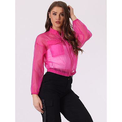 Sheer Bomber Jacket For Women's Zip Up Long Sleeve See Through Jackets