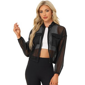 Sheer Bomber Jacket for Women's Zip Up Long Sleeve See Through Jackets