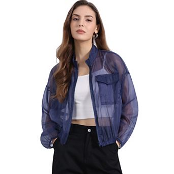 Sheer Bomber Jacket for Women's Zip Up Long Sleeve See Through Jackets
