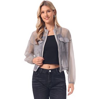 Sheer Bomber Jacket for Women's Zip Up Long Sleeve See Through Jackets