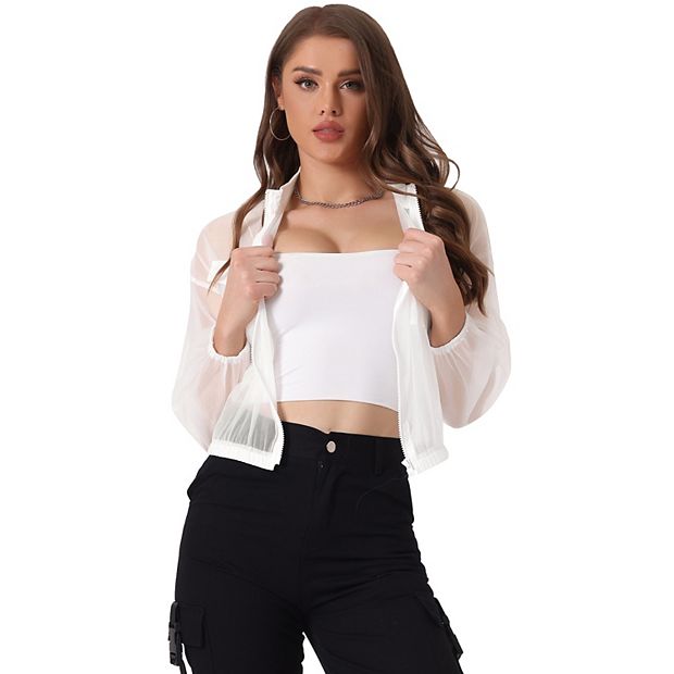 Sheer Bomber Jacket For Women's Zip Up Long Sleeve See