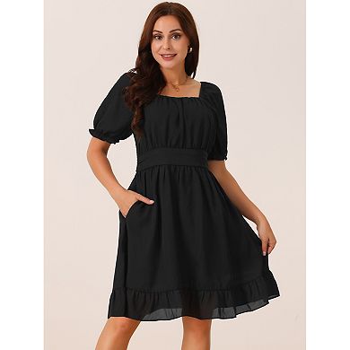 Women's Summer Dresses Square Neck Short Sleeve Smocked Back Ruffle A-line Casual Dress