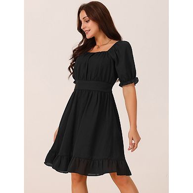 Women's Summer Dresses Square Neck Short Sleeve Smocked Back Ruffle A-line Casual Dress