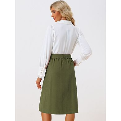 Women's High Waist Elastic Back A-line Belted Midi Corduroy Skirt With Pockets