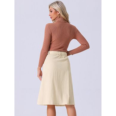Women's High Waist Elastic Back A-Line Belted Midi Corduroy Skirt with Pockets