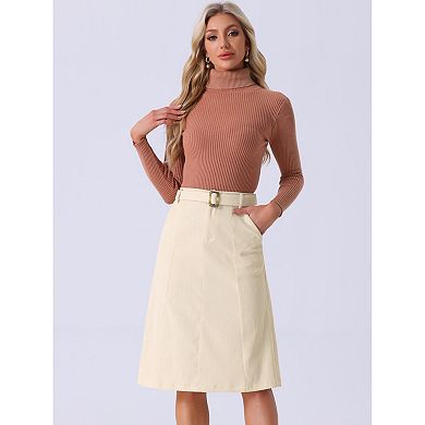 Women's High Waist Elastic Back A-Line Belted Midi Corduroy Skirt with Pockets