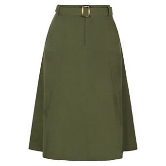 Women's High Waist Elastic Back A-line Belted Midi Corduroy Skirt With Pockets