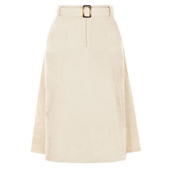 Women's High Waist Elastic Back A-line Belted Midi Corduroy Skirt With Pockets