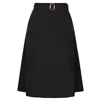 Women's High Waist Elastic Back A-Line Belted Midi Corduroy Skirt with Pockets
