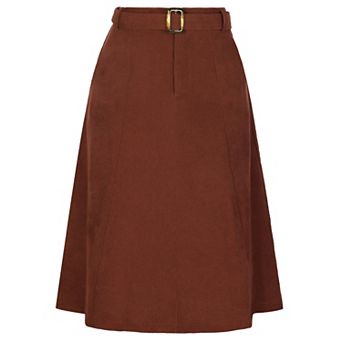 Women's High Waist Elastic Back A-line Belted Midi Corduroy Skirt With Pockets