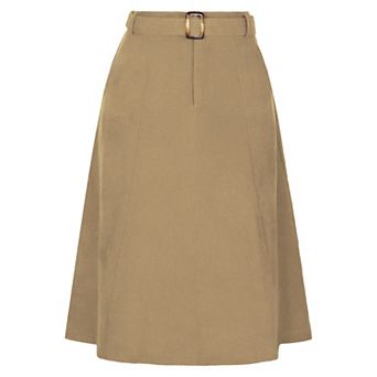 Women's High Waist Elastic Back A-line Belted Midi Corduroy Skirt With Pockets