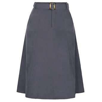 Women's High Waist Elastic Back A-Line Belted Midi Corduroy Skirt with Pockets