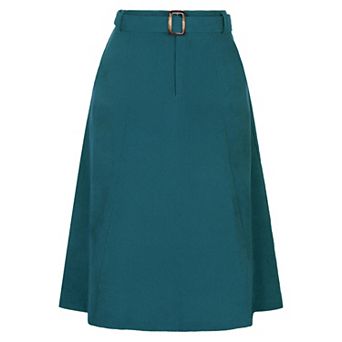 Women's High Waist Elastic Back A-Line Belted Midi Corduroy Skirt with Pockets