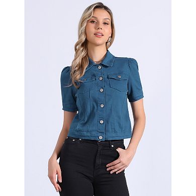 Casual Jacket for Women's Short Puffy Sleeves Button-Down Jean Denim Jacket