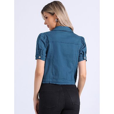 Casual Jacket for Women's Short Puffy Sleeves Button-Down Jean Denim Jacket