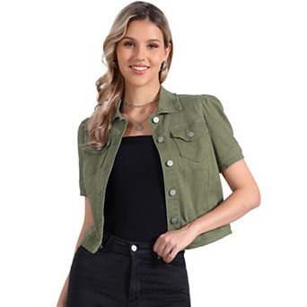 Casual Jacket for Women's Short Puffy Sleeves Button-Down Jean Denim Jacket