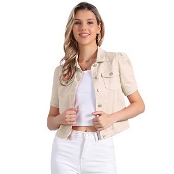 Casual Jacket for Women's Short Puffy Sleeves Button-Down Jean Denim Jacket
