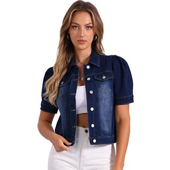 Casual Jacket for Women's Short Puffy Sleeves Button-Down Jean Denim Jacket