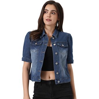 Casual Jacket for Women's Short Puffy Sleeves Button-Down Jean Denim Jacket