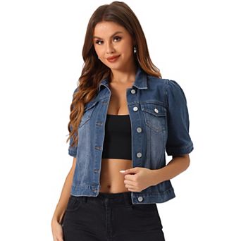 Casual Jacket For Women's Short Puffy Sleeves Button-down Jean Denim Jacket