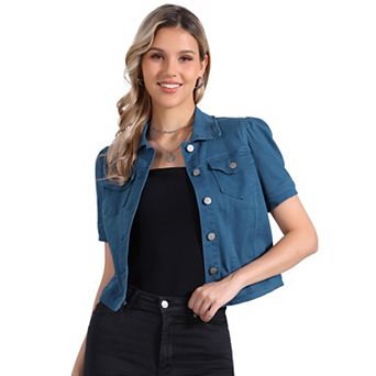 Casual Jacket for Women's Short Puffy Sleeves Button-Down Jean Denim Jacket