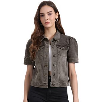 Casual Jacket for Women's Short Puffy Sleeves Button-Down Jean Denim Jacket