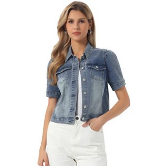 Casual Jacket for Women's Short Puffy Sleeves Button-Down Jean Denim Jacket
