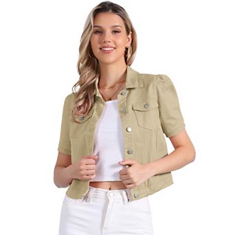 Casual Jacket for Women's Short Puffy Sleeves Button-Down Jean Denim Jacket