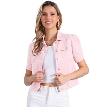 Casual Jacket for Women's Short Puffy Sleeves Button-Down Jean Denim Jacket