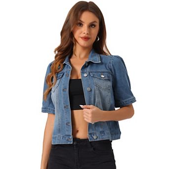 Casual Jacket for Women's Short Puffy Sleeves Button-Down Jean Denim Jacket