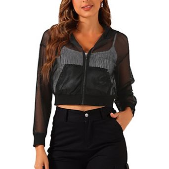 Hoodie Jacket For Women's Zip Up Fashion Mesh Sheer Bomber Jackets With Pocket