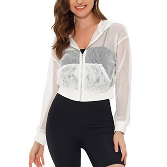 Hoodie Jacket For Women's Zip Up Fashion Mesh Sheer Bomber Jackets With Pocket