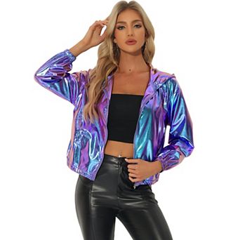 Women's Holographic Hooded Shiny Casual Long Sleeve Zipper Metallic Jacket