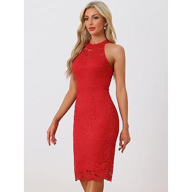 Elegant Lace Dress For Women's Halter Neck Sleeveless Bodycon Cocktail Sheath Dress