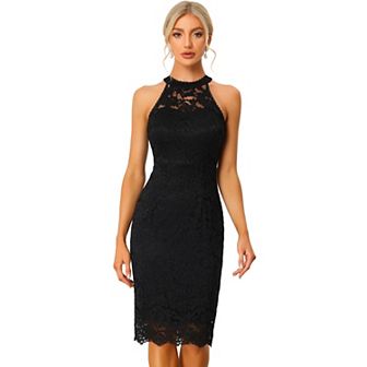 Elegant Lace Dress for Women's Halter Neck Sleeveless Bodycon Cocktail Sheath Dress