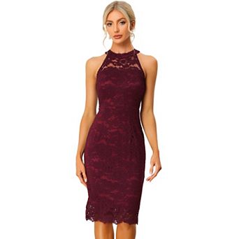 Elegant Lace Dress For Women's Halter Neck Sleeveless Bodycon Cocktail Sheath Dress