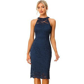 Elegant Lace Dress For Women's Halter Neck Sleeveless Bodycon Cocktail Sheath Dress